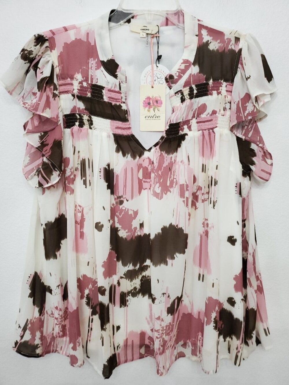 Entro V-Neck Lightweight Flowy Abstract Print Ruffle Sleeve Women's Blouse Large